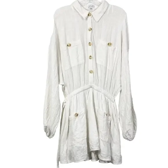 NWOT SABO SKIRT Dress M Ivory Gauze Long Sleeve Pocket Button Lined Cotton